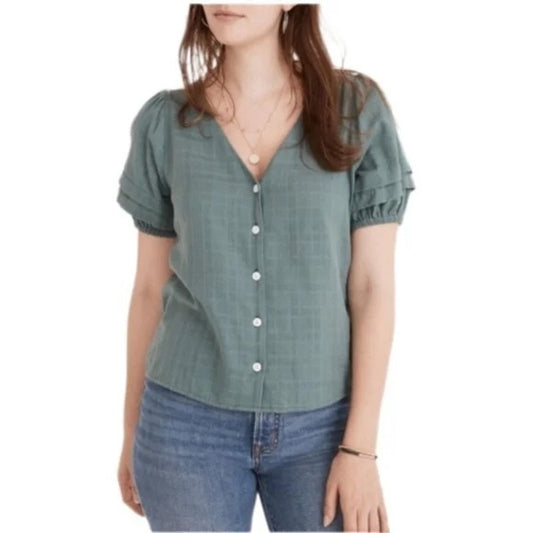 Madewell Cotton Button Up Pembroke Short Sleeve Top Blouse Green XXL