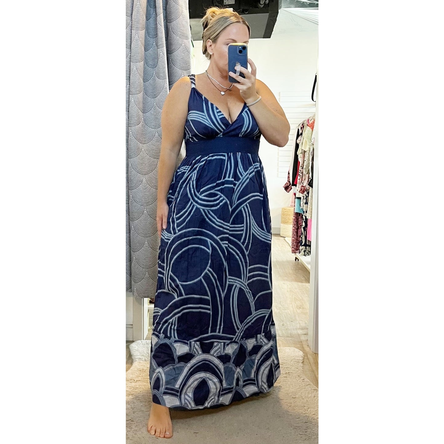 Calvin Klein 100% Cotton Printed Sleeveless V-Neck Maxi Dress Navy Blue 12