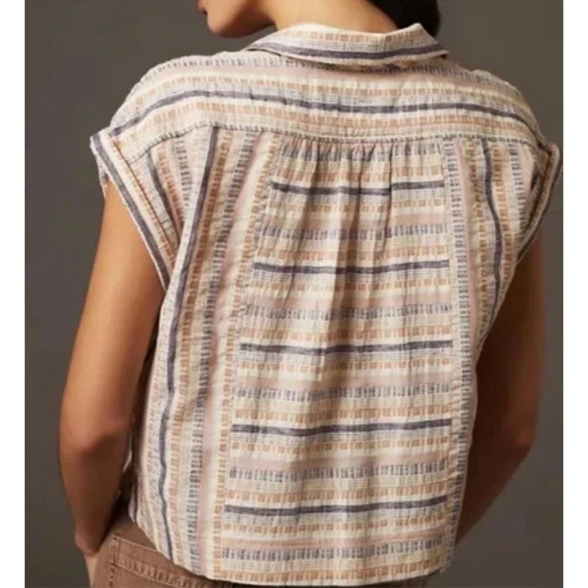 Anthropologie Cropped Short Sleeve Sleeve Striped Boxy Tee Shirt Top Cream XS
