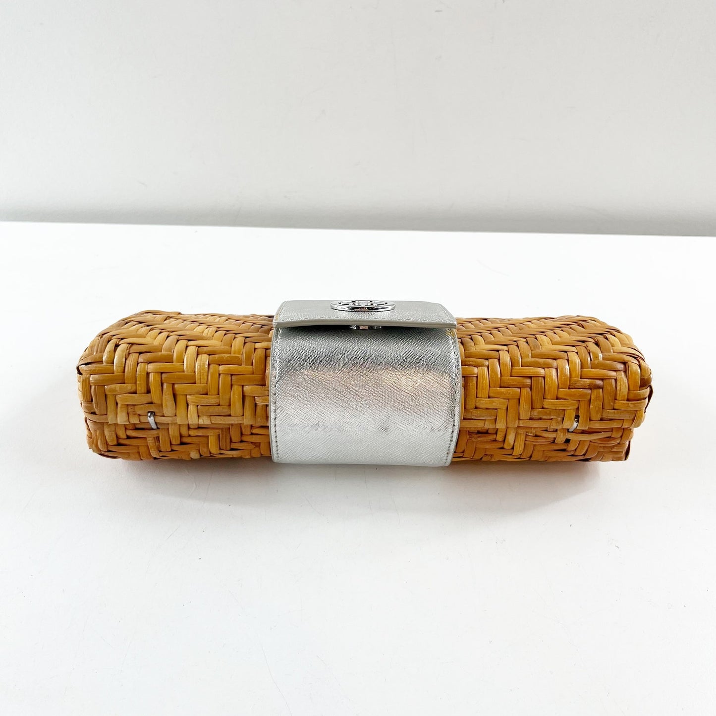 Tory Burch Raffia Rattan Clutch Metallic Silver Tan
