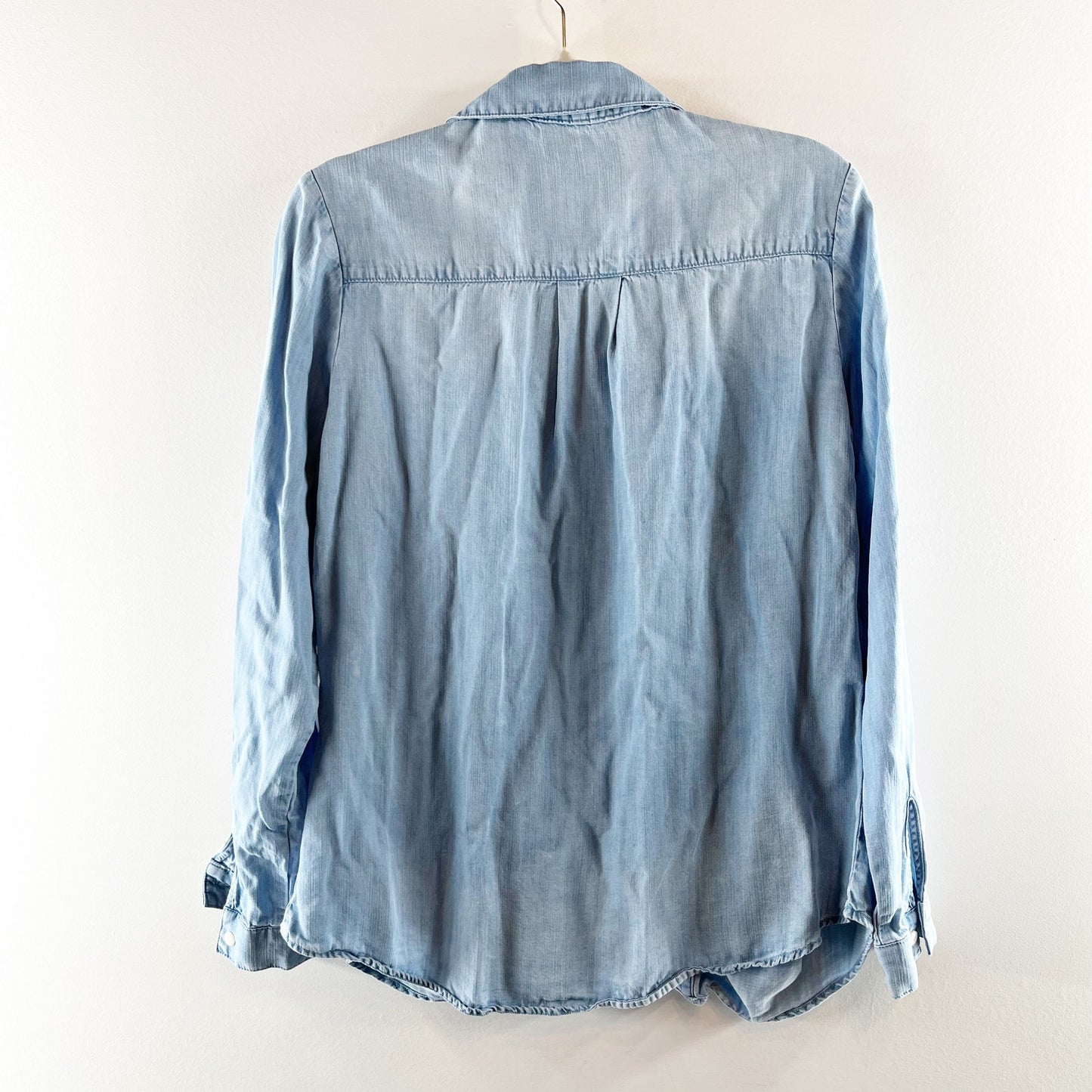 Quince Chambray Tencel Shirred Ruched Long Sleeve Button Down Shirt Blue Small
