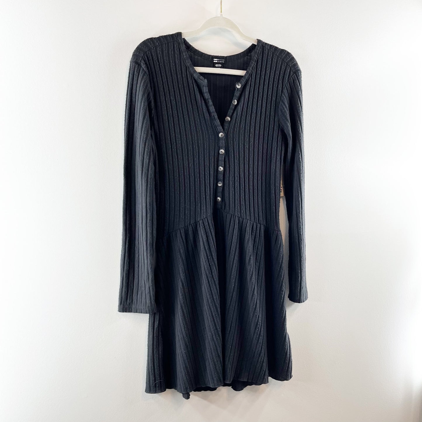 Billabong Always Lounging Long Sleeve Henley Neck Rib Mini Dress Black Medium