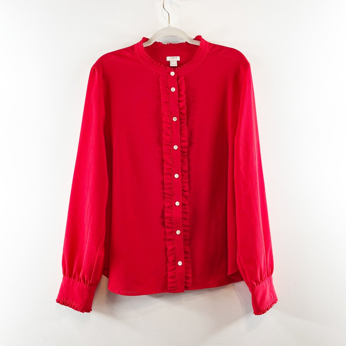 J. Crew Ruffle Front Long Sleeve Button Up Shirt Blouse Red XXL