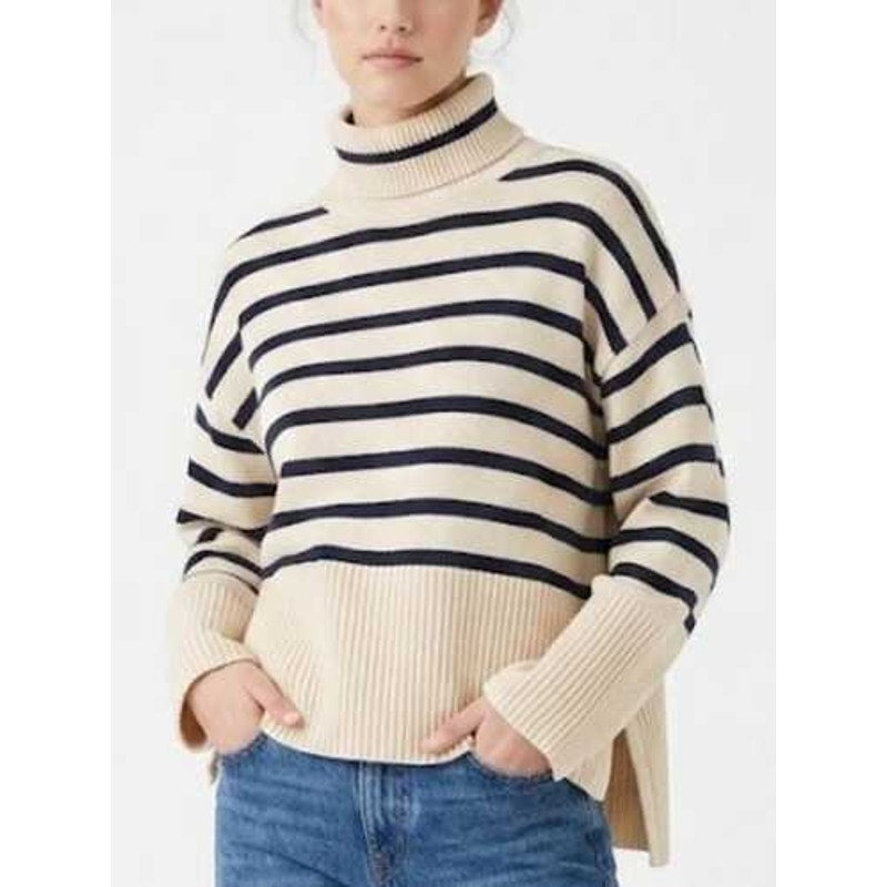 Gap 24/7 Striped Long Sleeve Split-Hem Turtleneck Knit Sweater Cream Blue XS