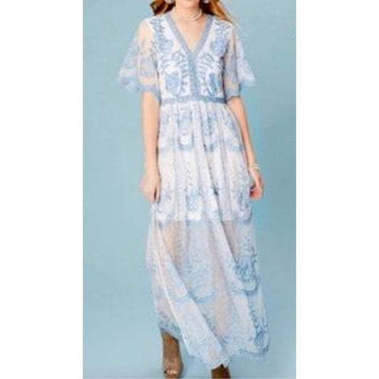 Altar'd State Short Sleeve Embroidered Sheer Boho Lace Catania Maxi Dress Blue S