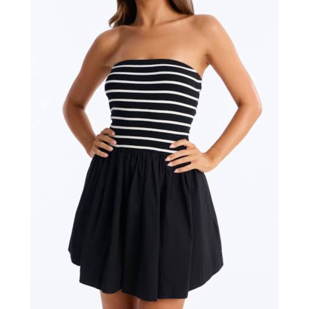 Miou Muse Striped Strapless Ribbed Mini Dress Black White Small