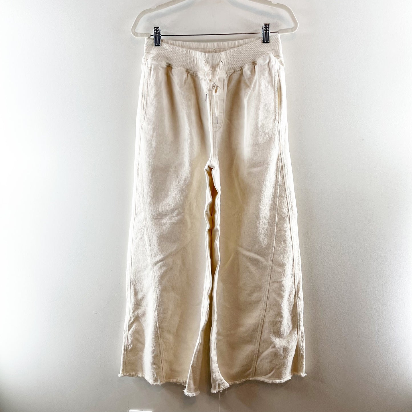 Aerie High Rise Soft Landing Wide Leg Pull On Raw Hem Cream Pants Medium