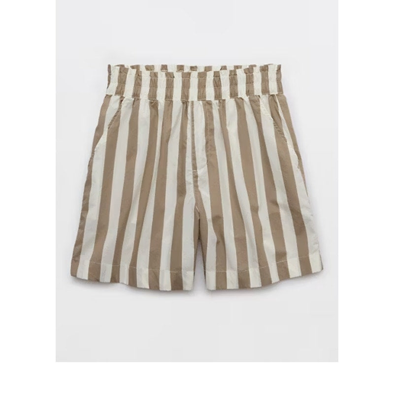 Aerie Cotton Striped Pull On Smocked High Waisted Shorts Beige White Large