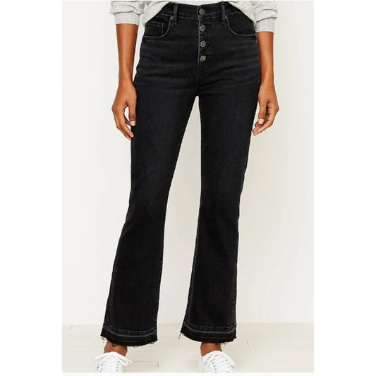 LOFT High Waist Flare Crop Raw Hem Button Fly Jeans Black 12