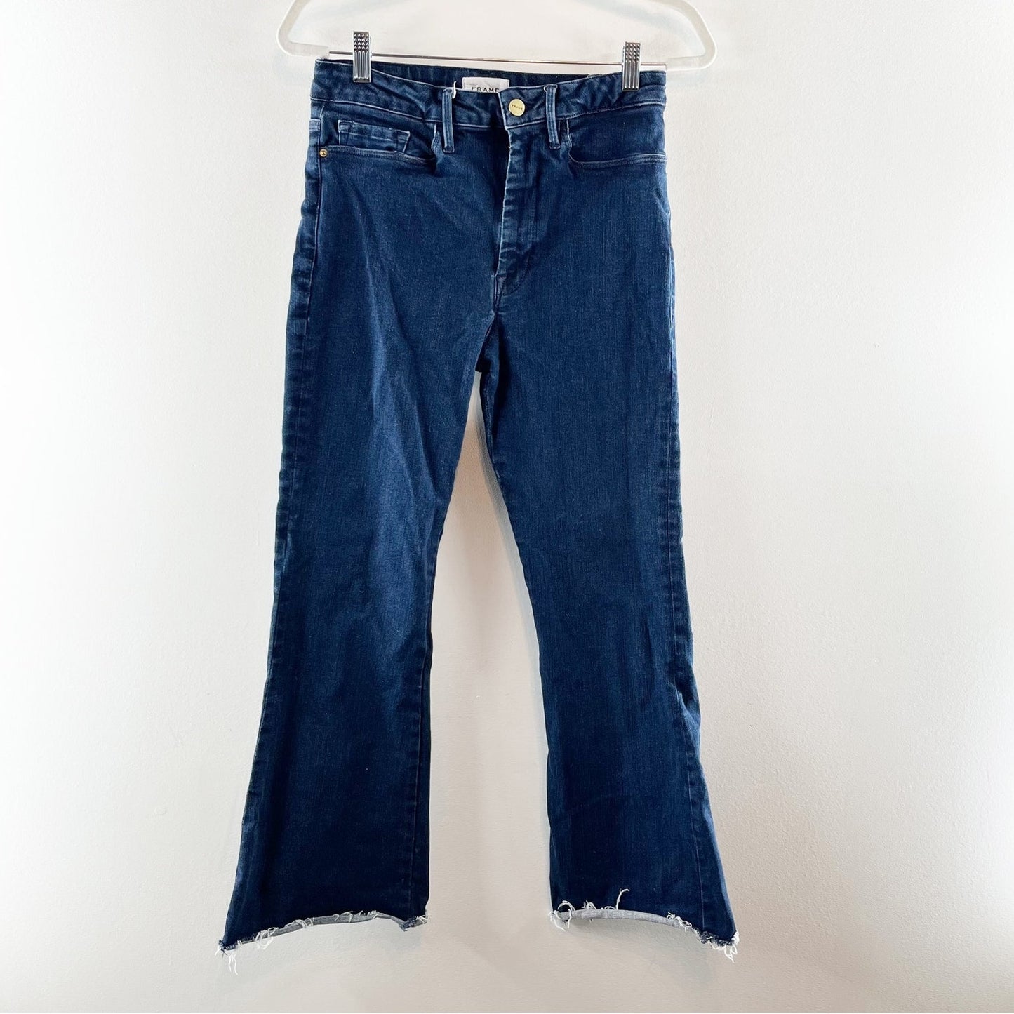 Frame Le One Organic Cotton High Waisted Denim Frayed Hem Flare Jeans Keller 2