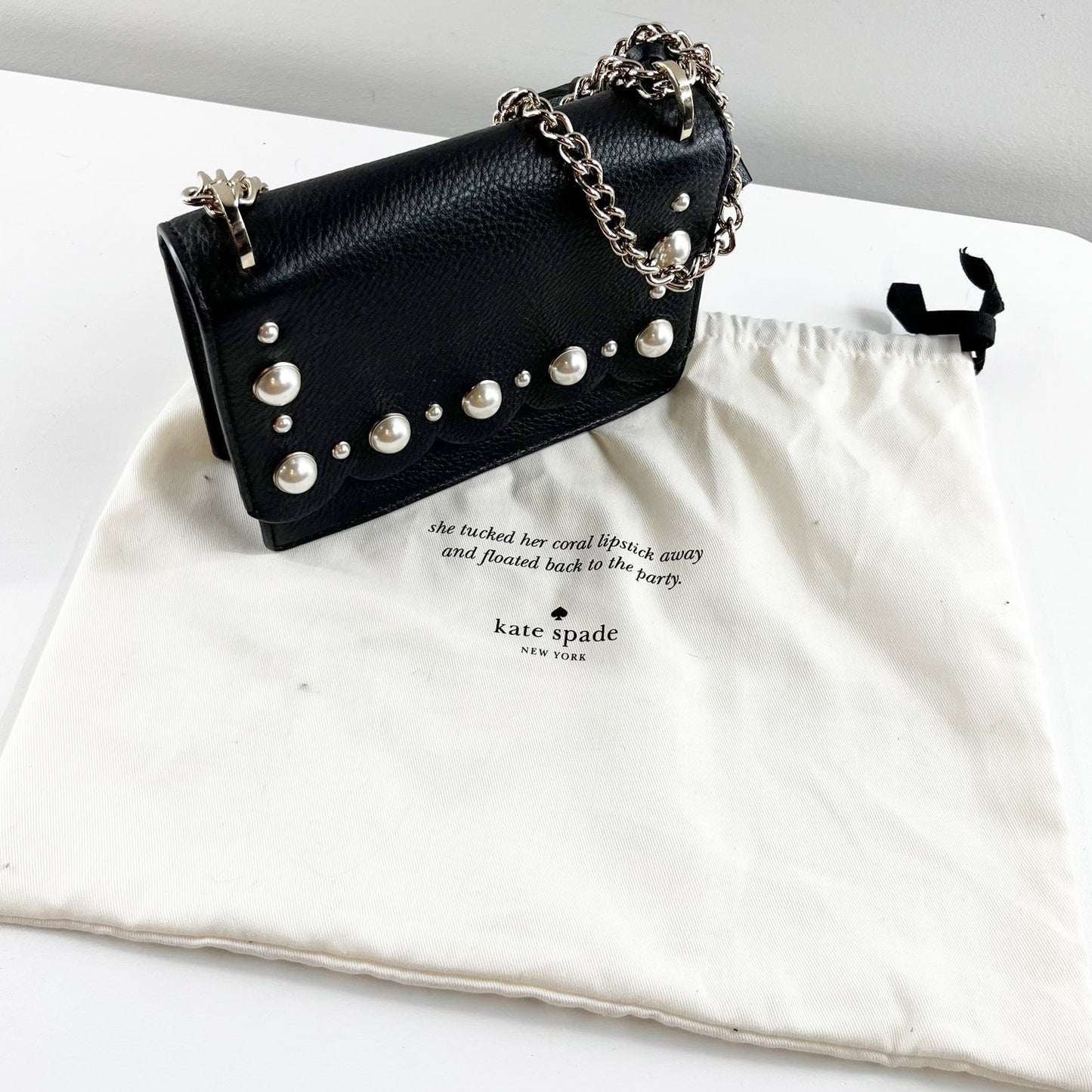 Kate Spade Hayes Street Pearl Studded Chain Crossbody Leather Purse Black