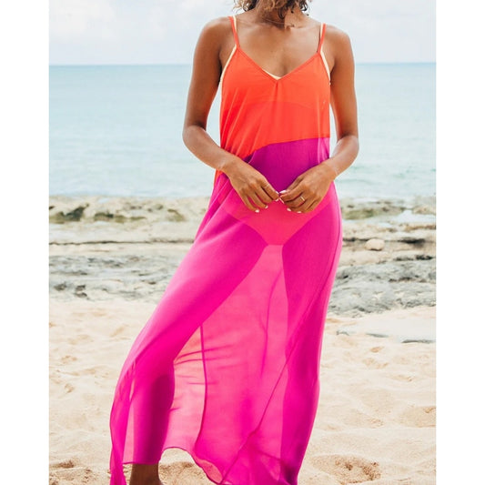 Seaside Retreat Coral Red Magenta Maxi Swim Cover-Up Dress XS