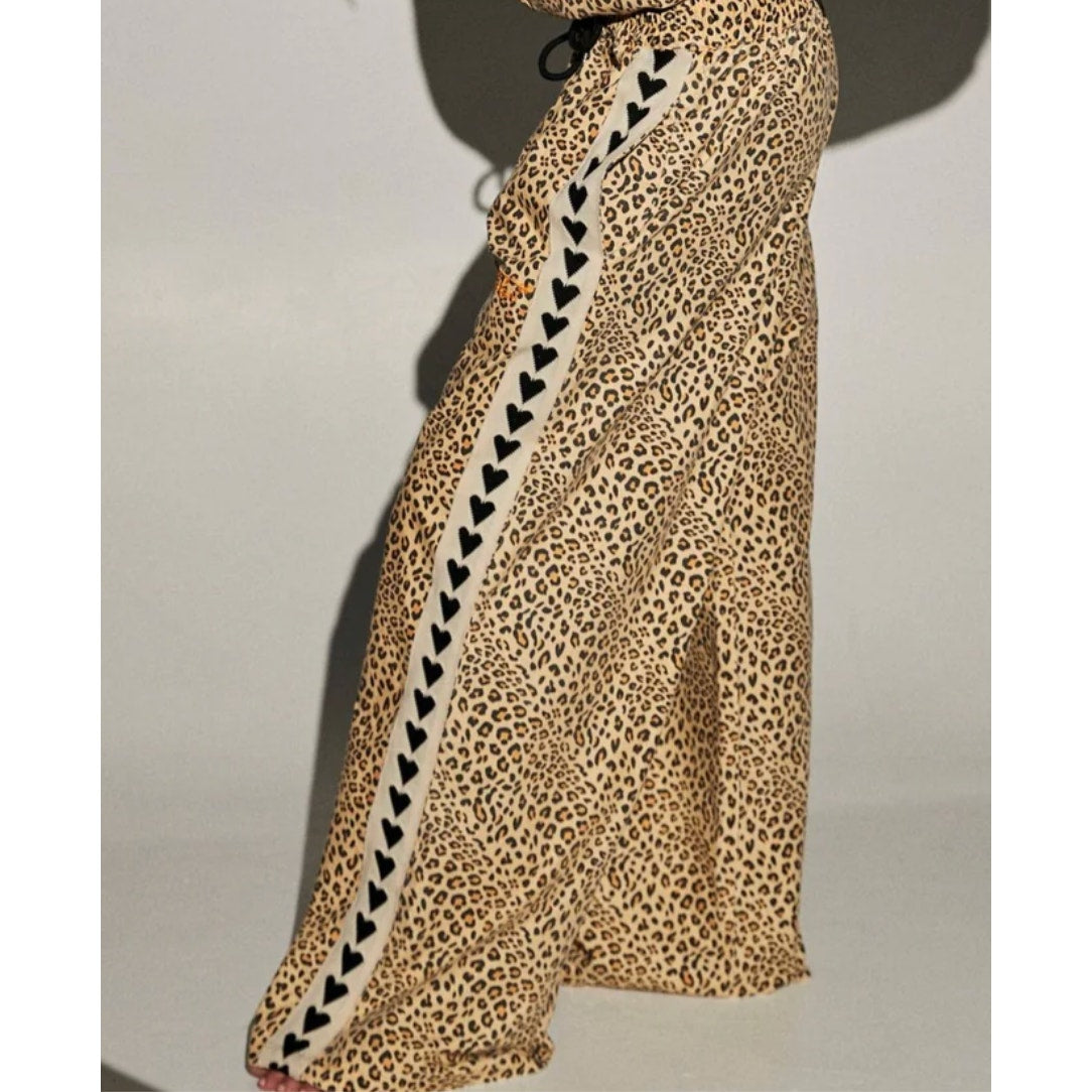 Sabbi Raving Hearts Drill Wide Leg Pants in Leopard Print Tan Beige XS