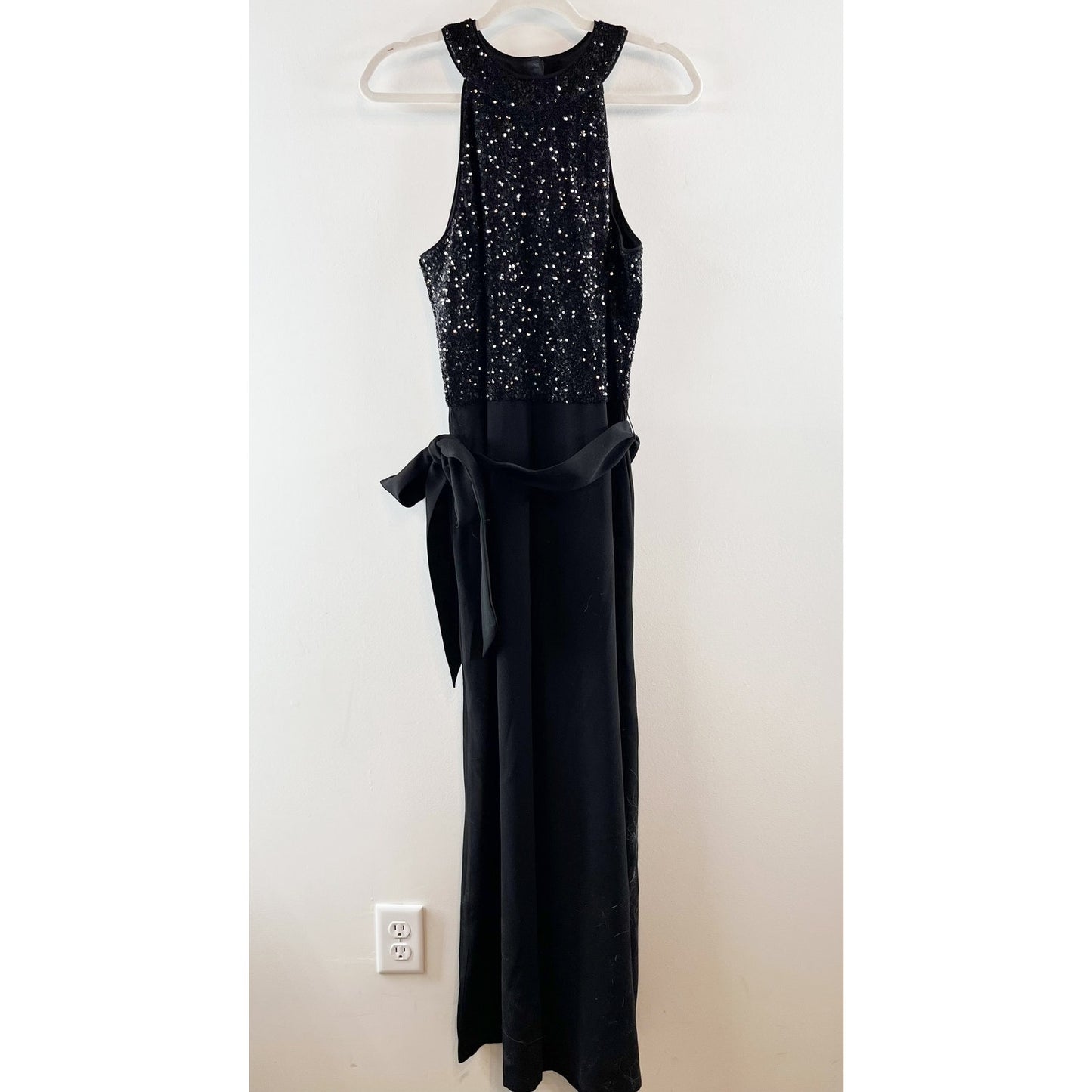 Talbots Embellished Sequin Crepe Halter Tie Waist Wide Leg Jumpsuit Black 12