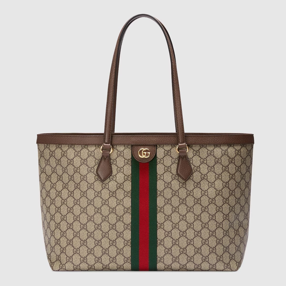 Gucci Ophidia GG Web Stripe Medium Tote Bag Beige Tan and Ebony