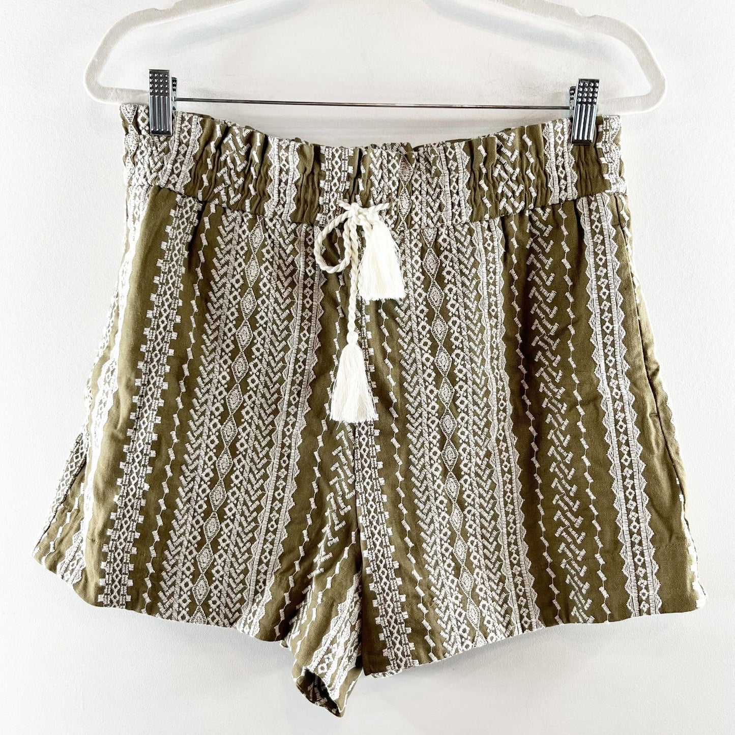 House of Harlow Linen High Rise Embroidered Boho Shorts Green Medium
