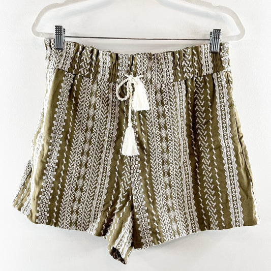 House of Harlow Linen High Rise Embroidered Boho Shorts Green Medium