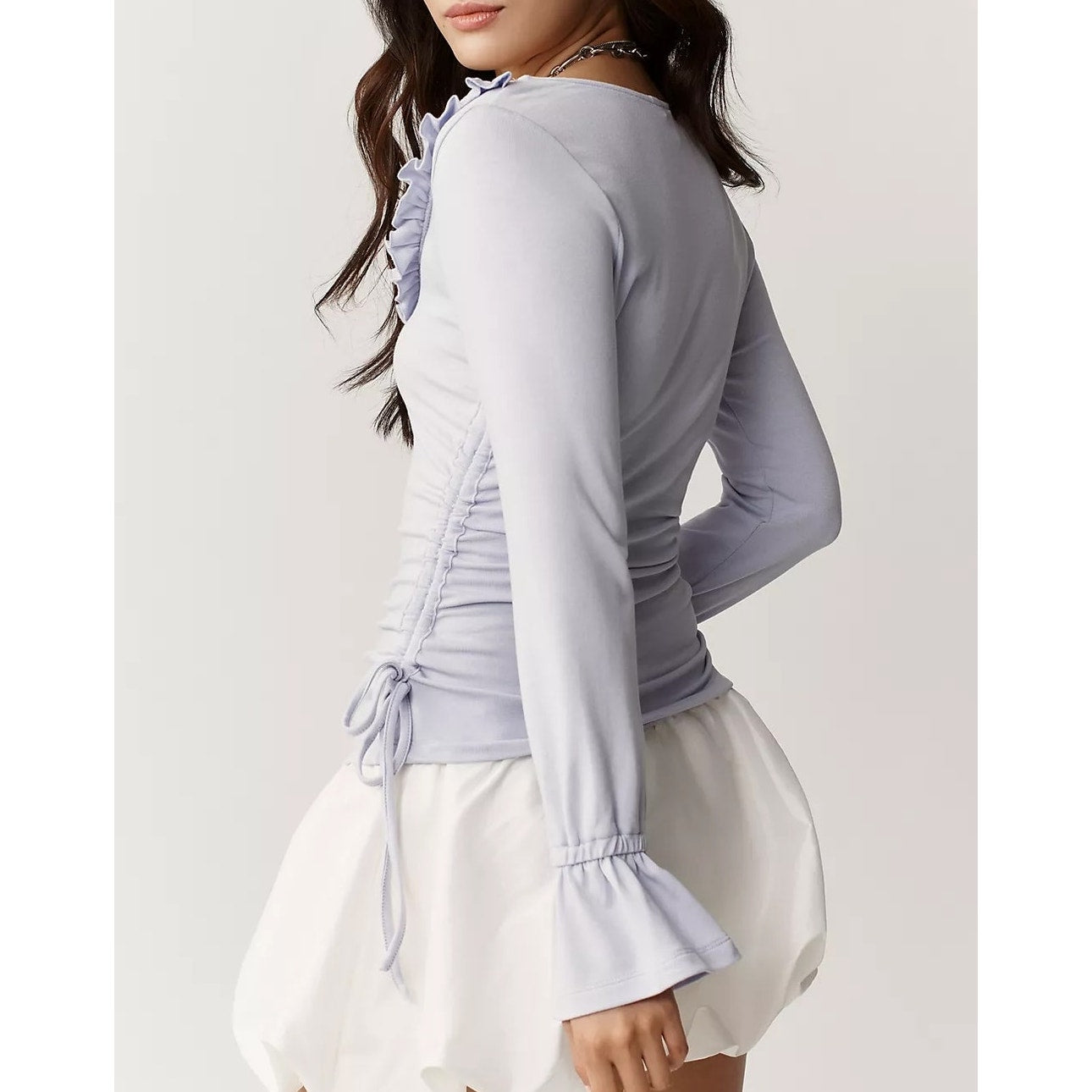 Maeve Anthropologie Long Sleeve Ruffle Scoop Neck Ruched Top Lavender Purple S