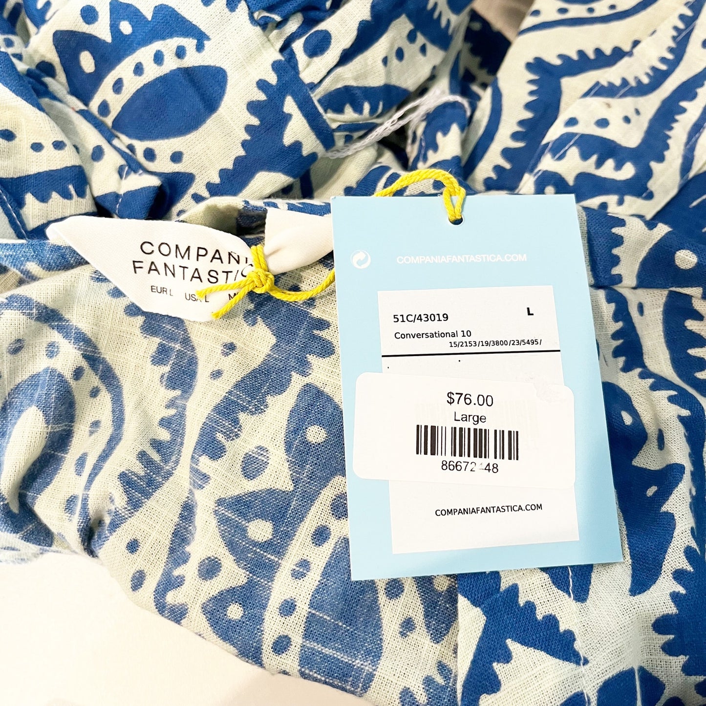 Compania Fantastica Aquaria Printed Midi Sleeveless Shirt Dress Blue White Large