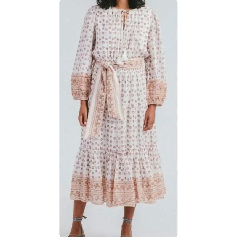 Cleobella Blakely Long Sleeve Tiered Peasant Midi Dress White Beige Large