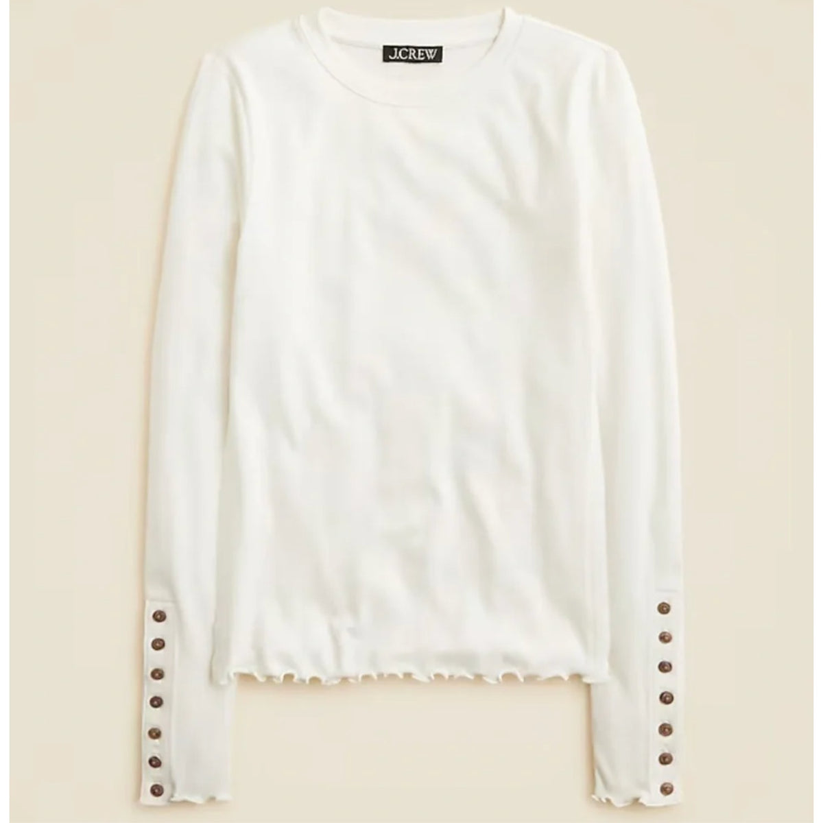 J. Crew Refined Rib Crewneck Long Sleeve Tee Shirt with Button Cuffs Cream White