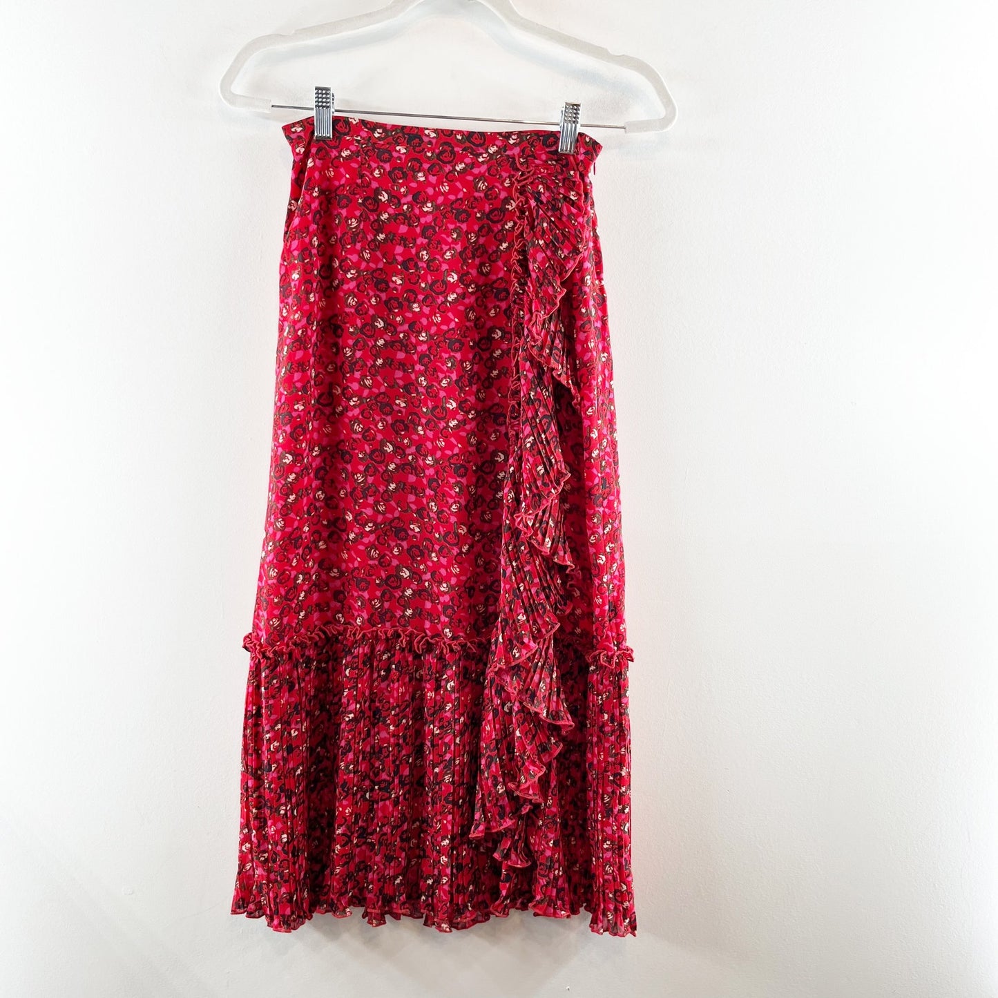 Ganni Pleated Floral-Print Crepe Side Slit Ruffle Trim Midi Skirt Red 34