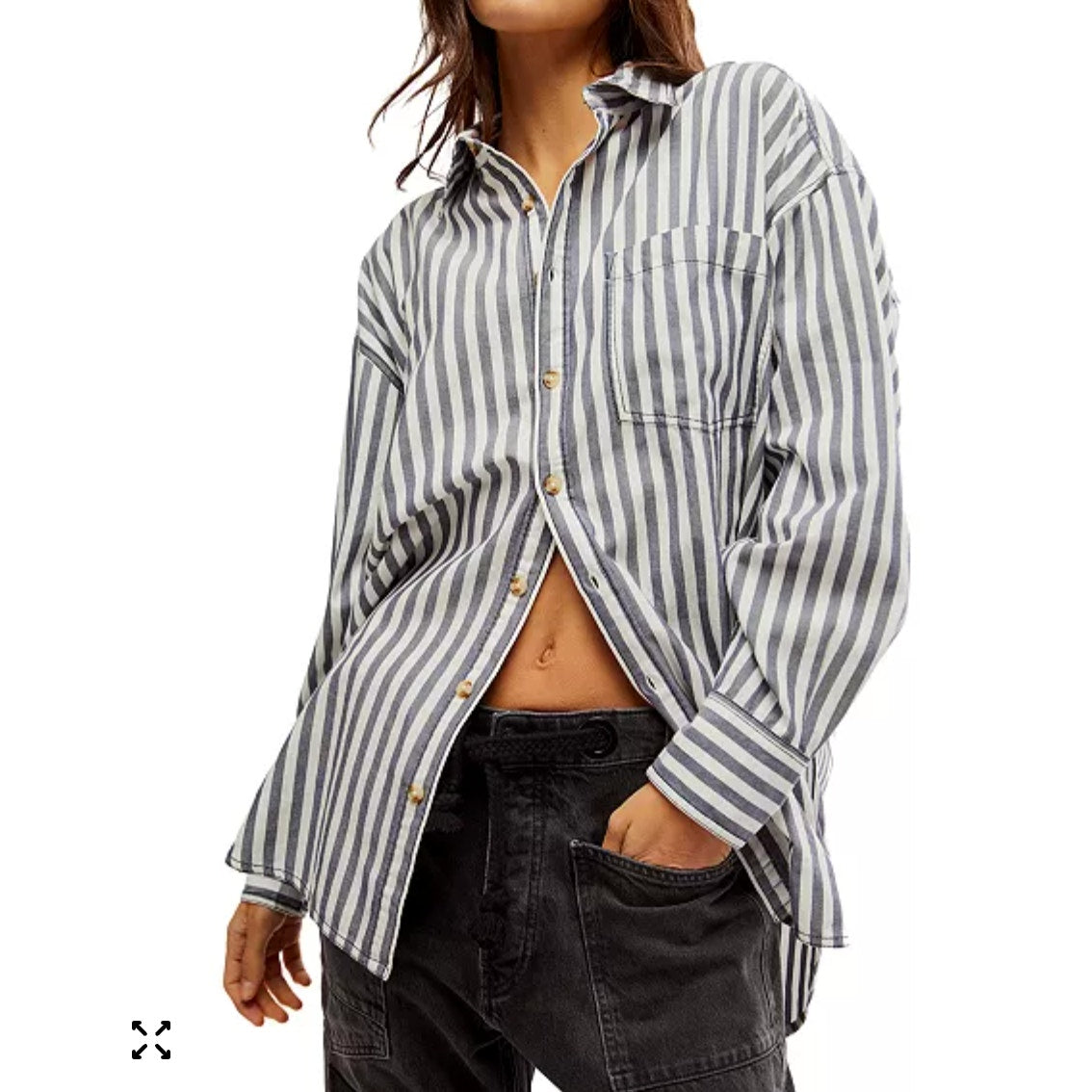 Free People Freddie Oversized Cotton Striped Button Down Shirt Blue White Small