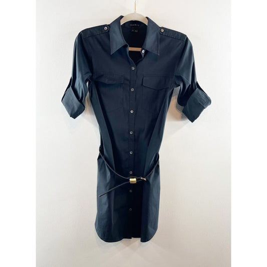 Theory Virgilia Wealth Rolled Short Sleeve Button Down Belted Mini Dress Black 4