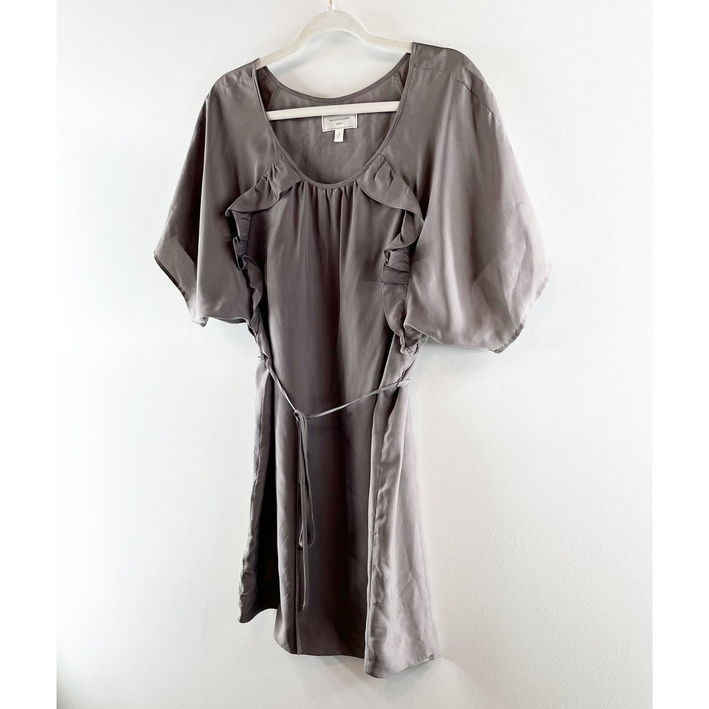 Moulinette Soeurs Short Puff Sleeve Belted Silk Mini Dress Dove Gray 6