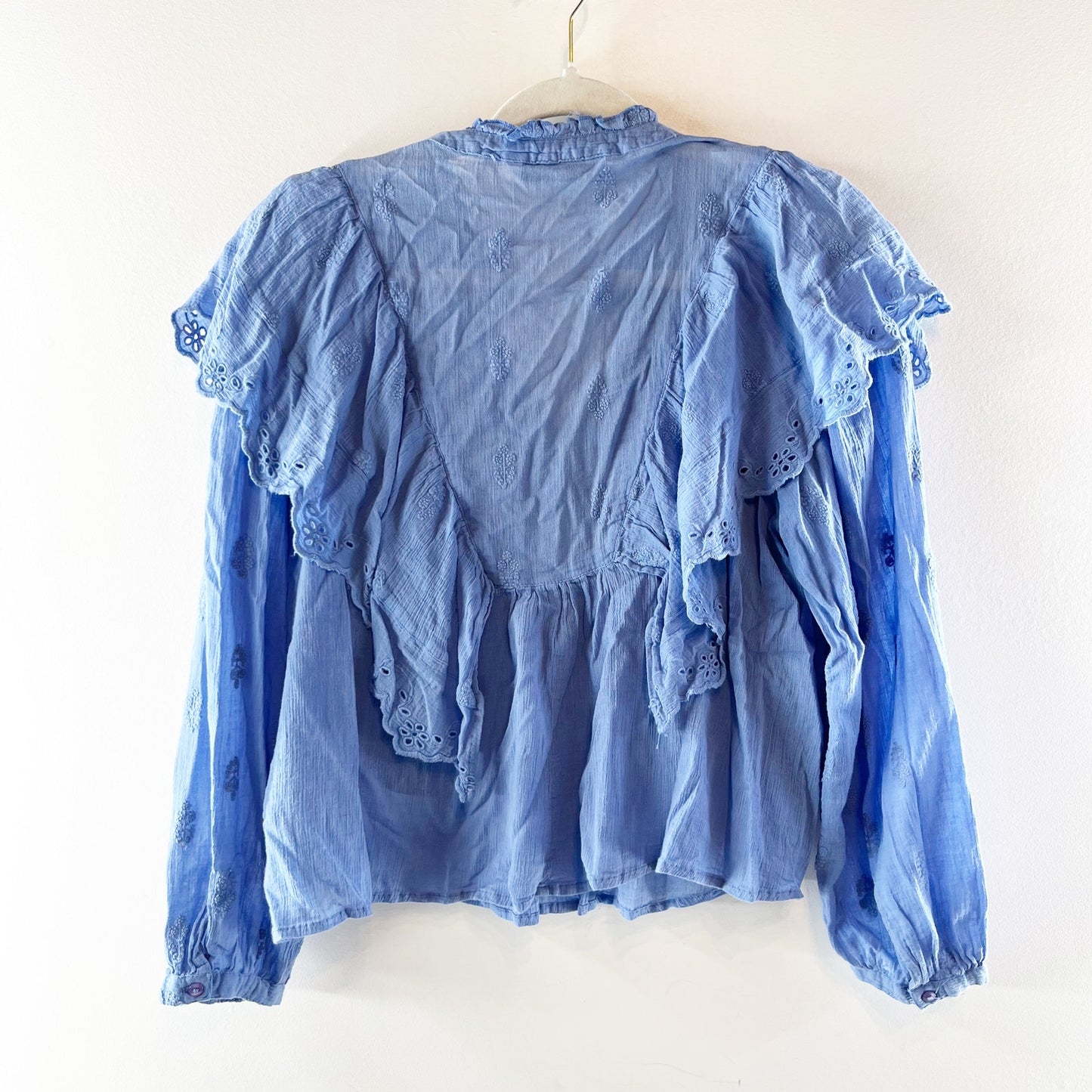 ZARA Long Sleeve Eyelet Ruffle Cotton Blouse Top Blue Small