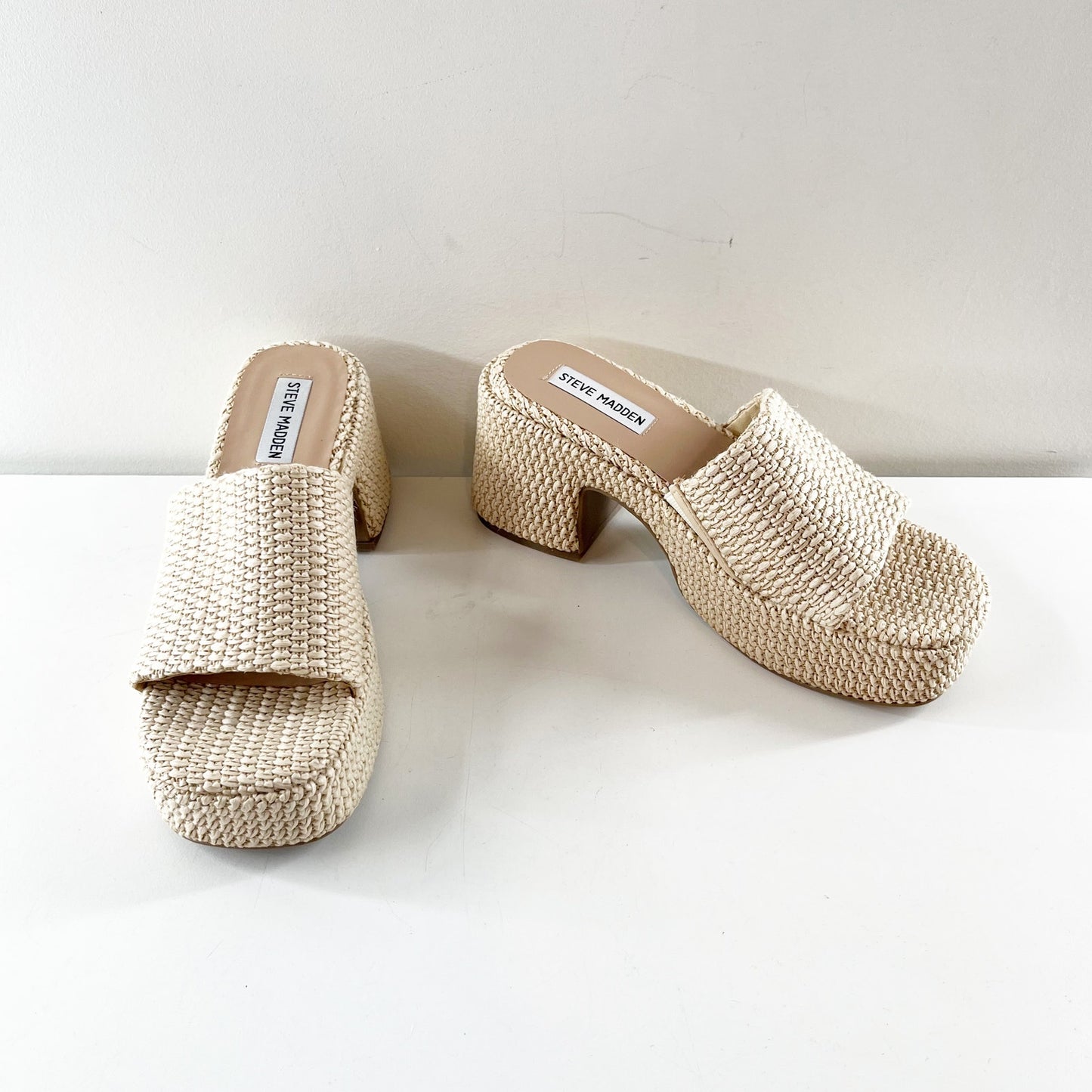 Steve Madden Troyye Platform Block Heel Raffia Sandals Bone Tan