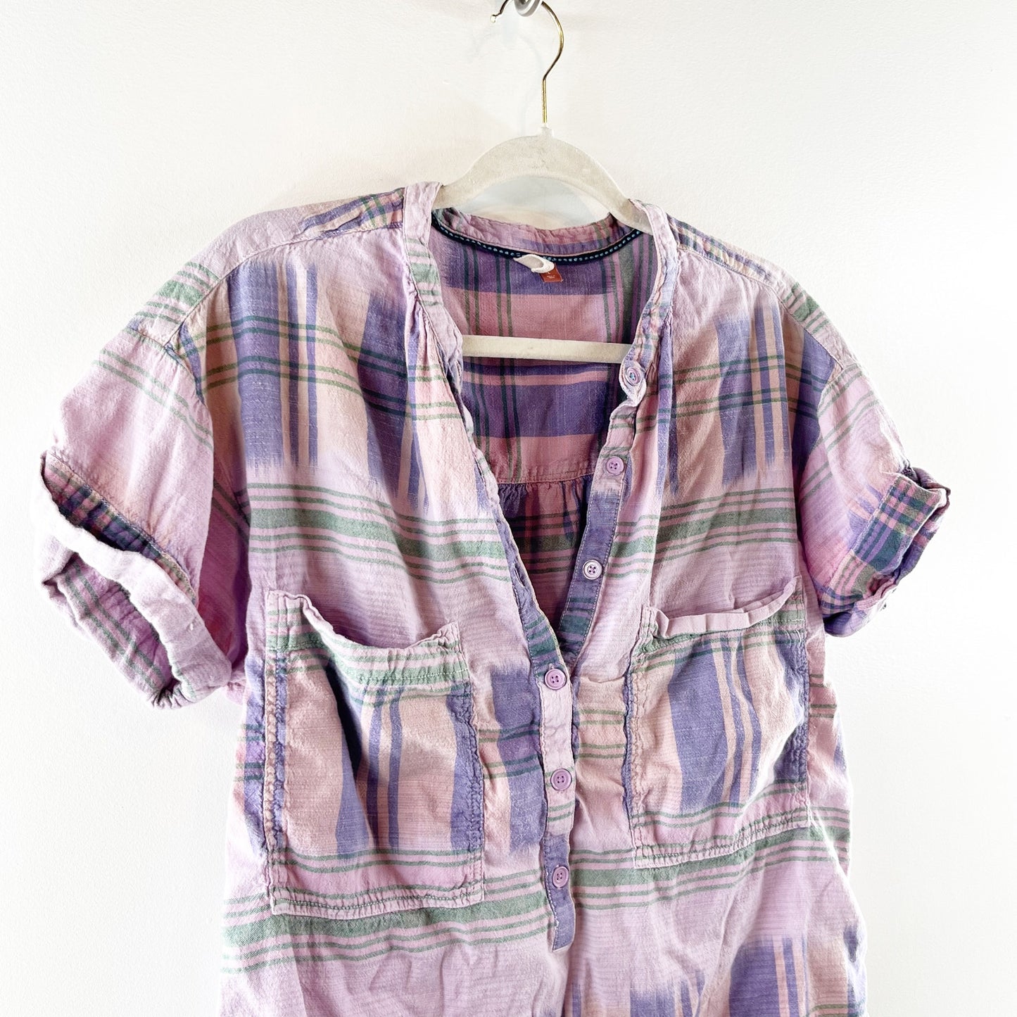 Pilcro Short Sleeve Hannah Plaid Surf Shirt Top Pink Large