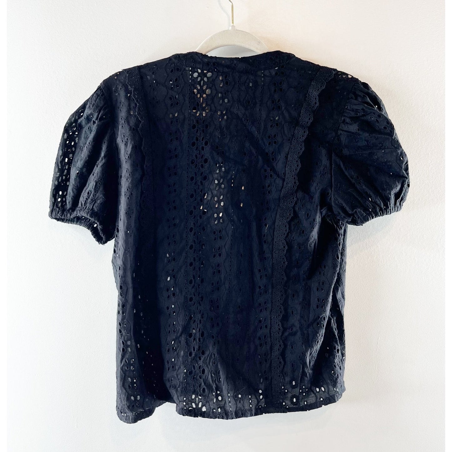 Industry 100% Cotton Eyelet Short Puff Sleeve Blouse Top Black Medium