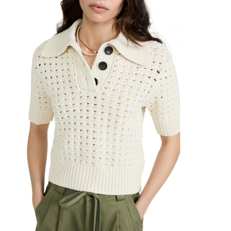 A.L.C Archer Short Sleeve Collared Pointelle-Knit Cotton Polo Top Cream Large