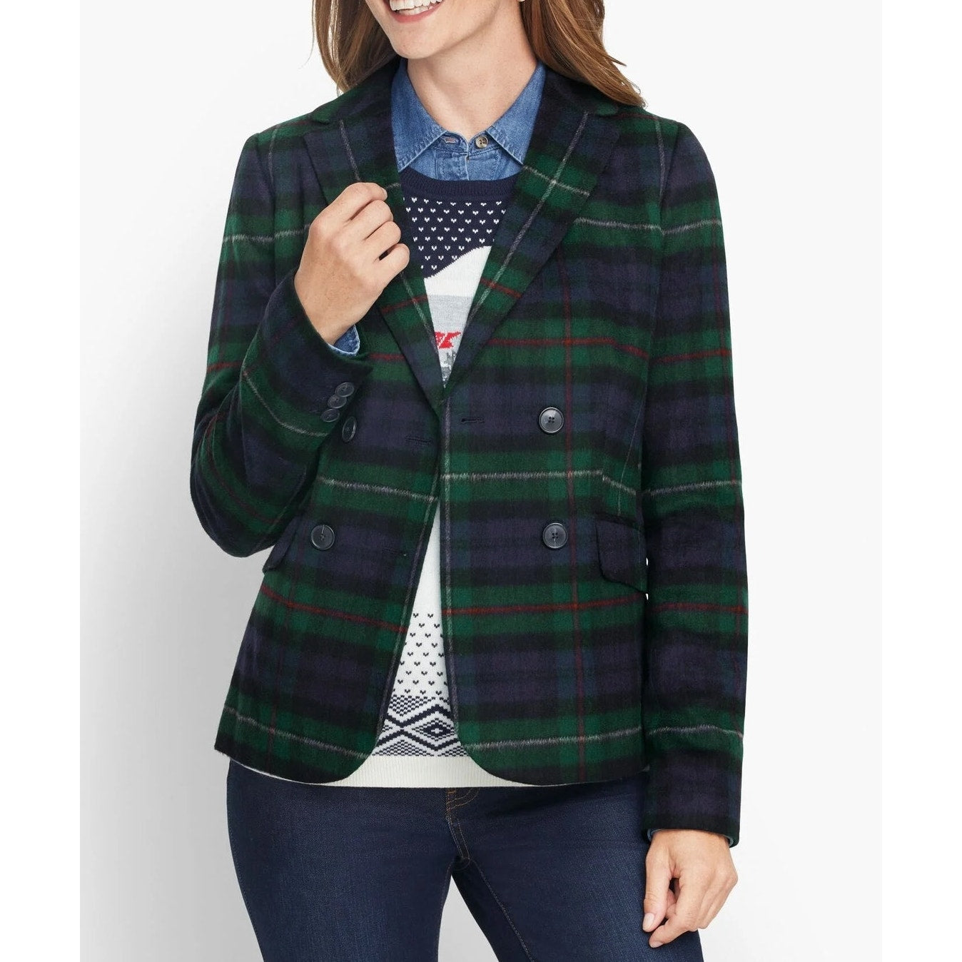 Talbots Brushed Wool Double Breasted Blazer Jacket Tartan Plaid Green 10P