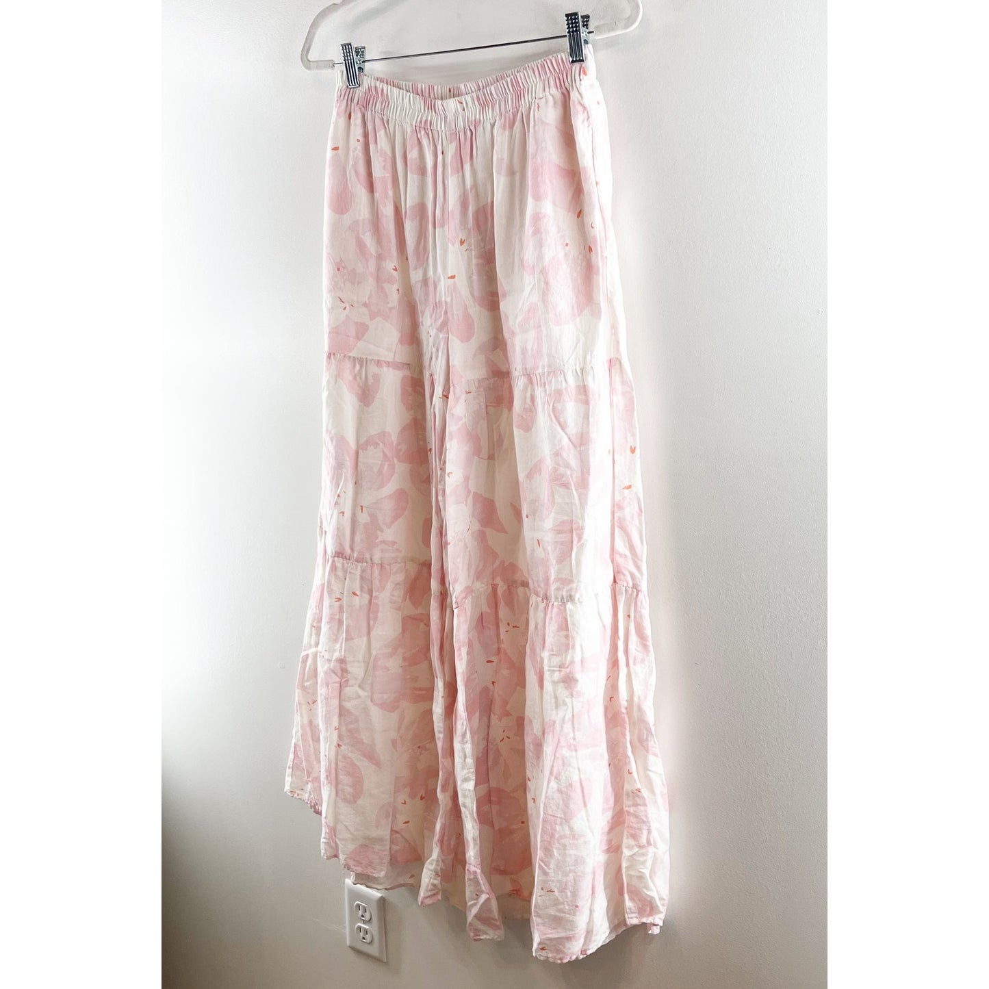 Something Navy Floral Tiered Wide Leg Flare Pants White Pink Medium