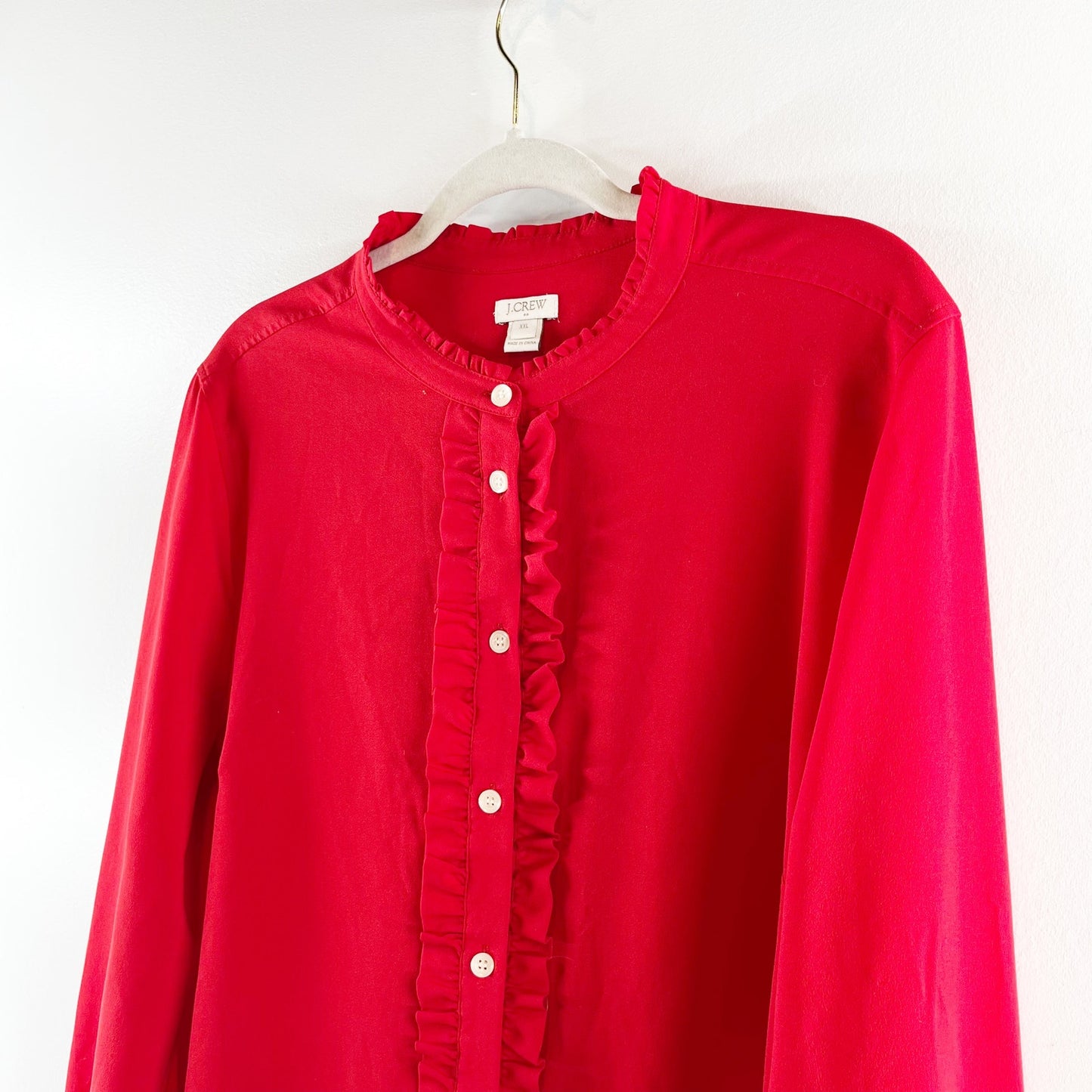 J. Crew Ruffle Front Long Sleeve Button Up Shirt Blouse Red XXL