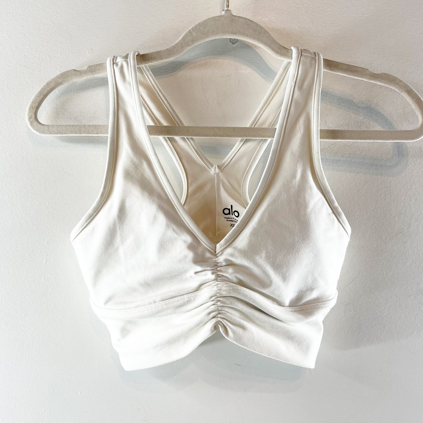 Alo Yoga Wild Thing Ruched V-Neck Cropped Bra Tank Top White XS