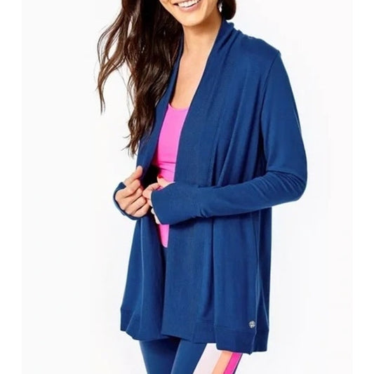 Lilly Pulitzer Luxletic Elena Wrap Soft Open Cardigan Sweater Oyster Bay Blue XL