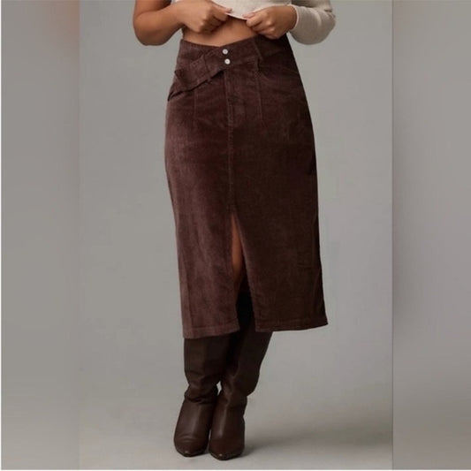 Pilcro Corduroy Midi Front Slit High Waisted Pencil Skirt Chocolate Brown 0
