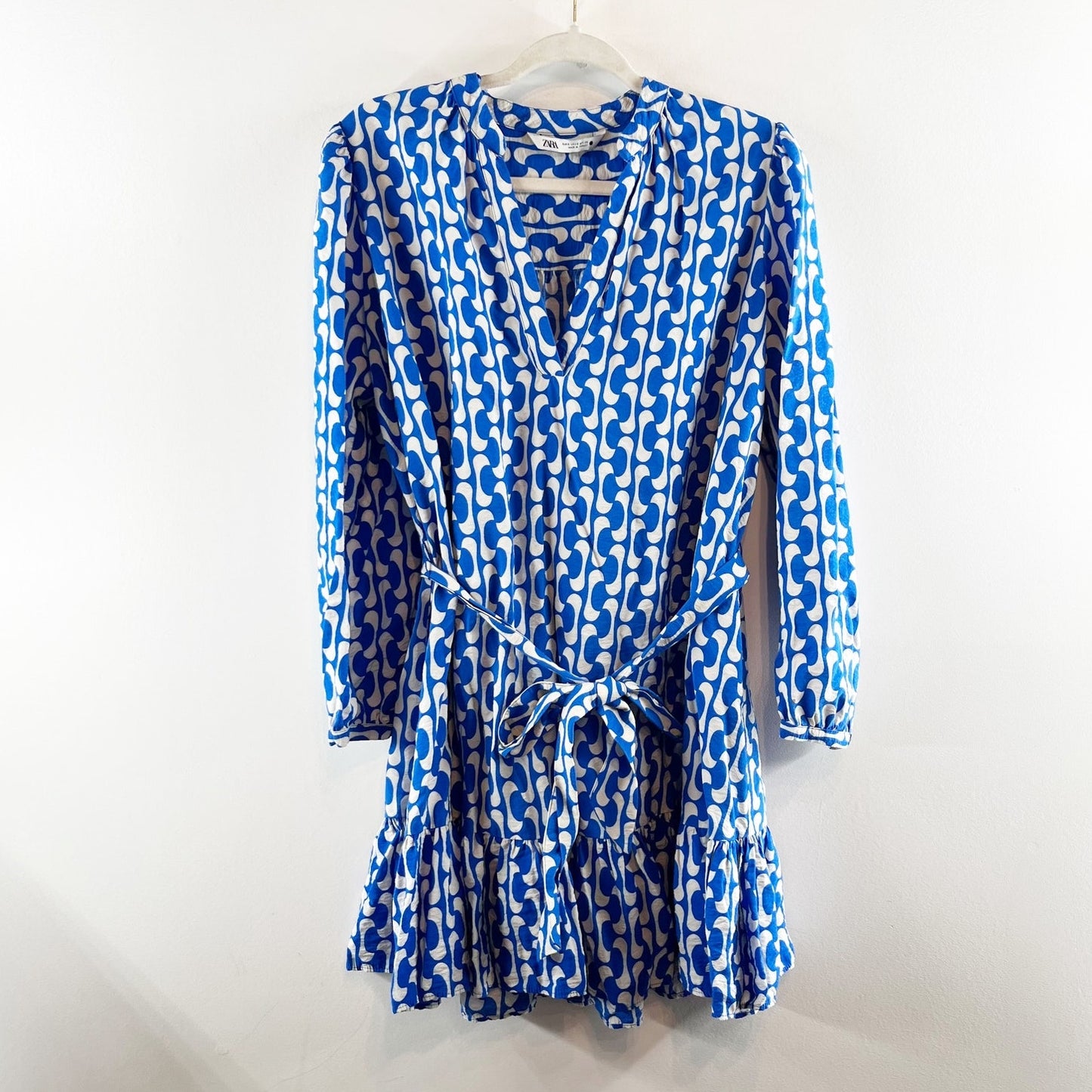 ZARA The Paula Long Sleeve Mini Printed Tie Waist Dress Blue White Small