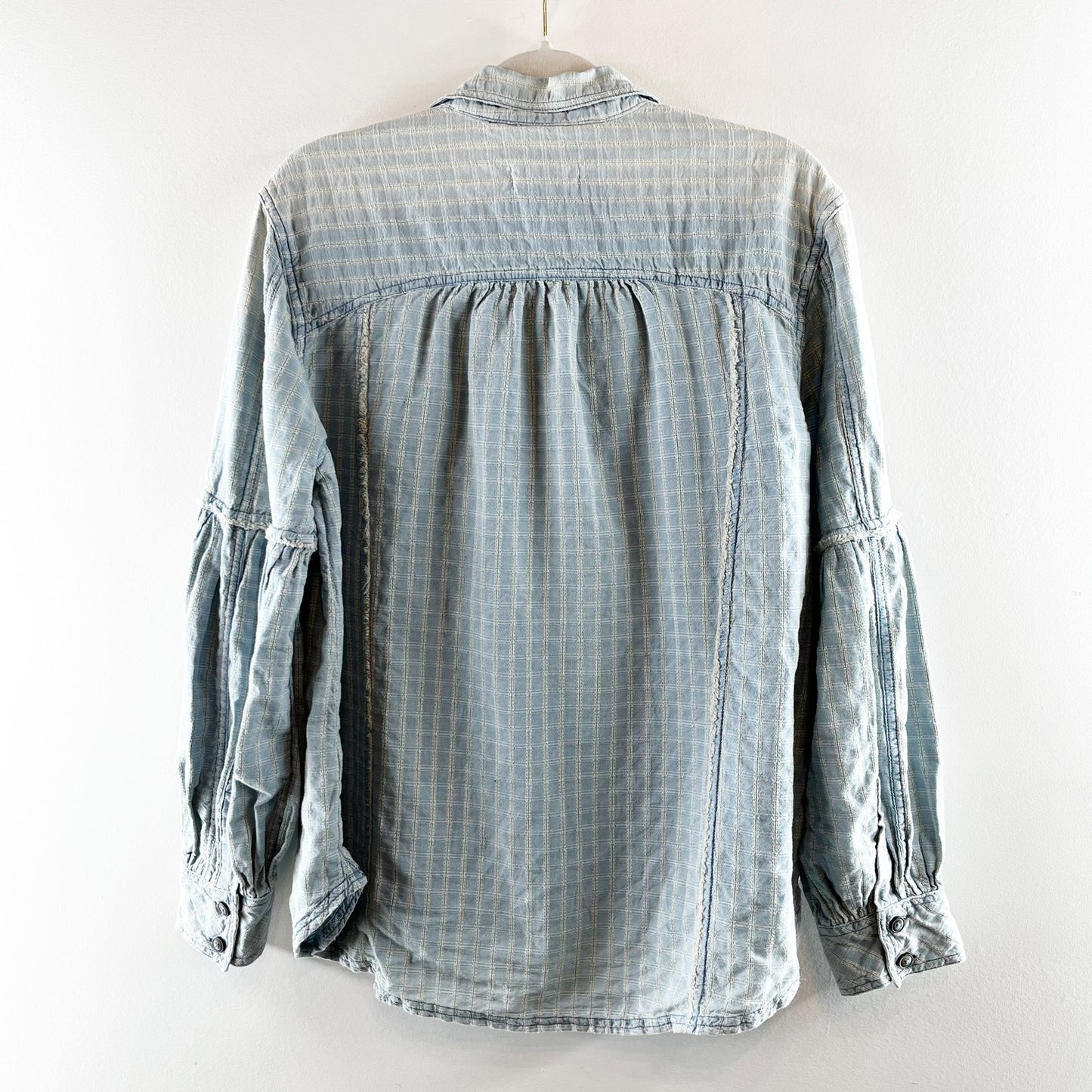 Free People Glacier Bay Denim Check Buttondown Shirt Blue Small