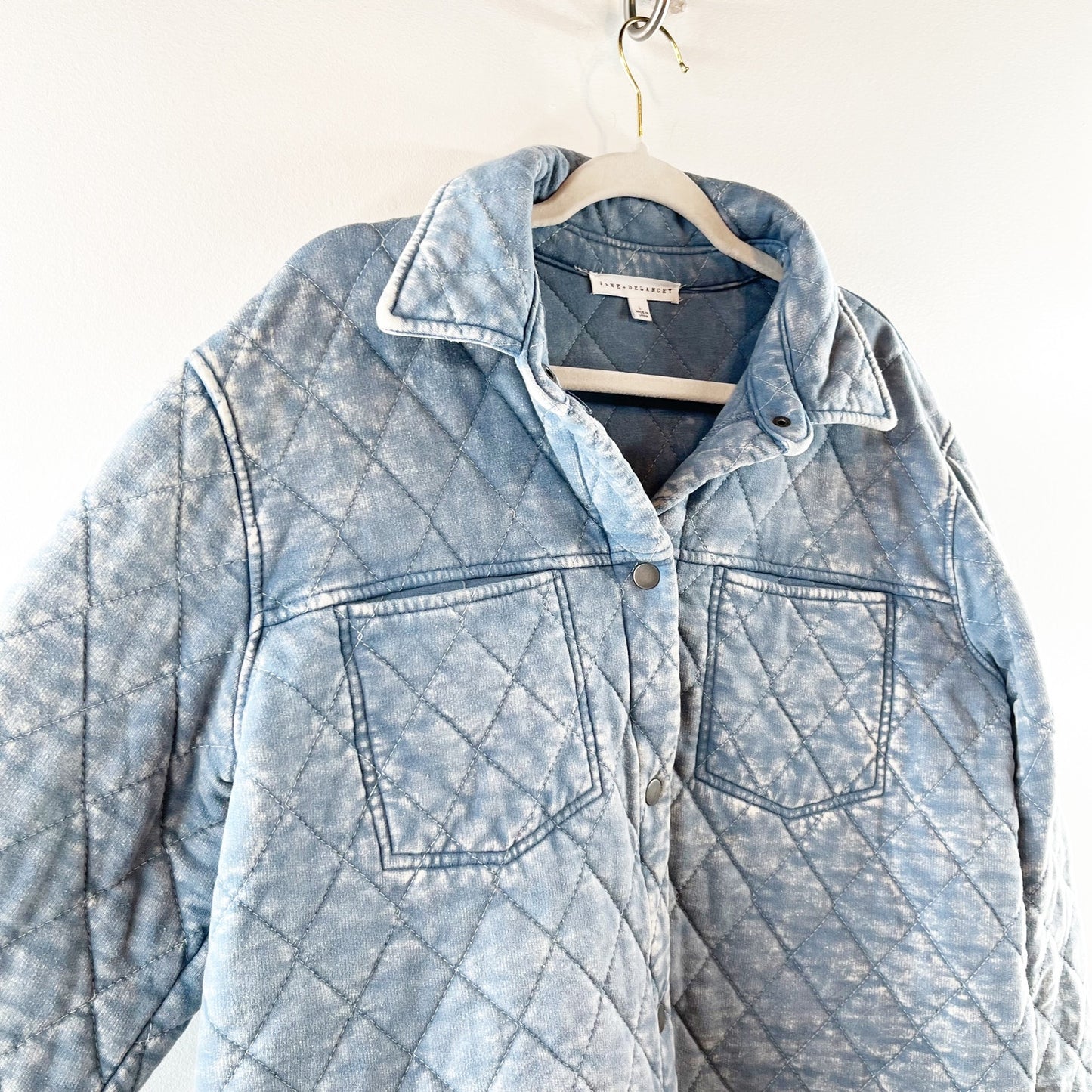 Jane + Delancey Long Sleeve Button Up Quilted Denim Washed Jacket Blue Large