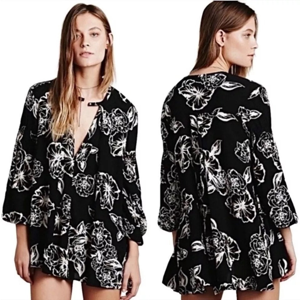 Free People Snap Out of It Floral 3/4 Sleeve Swing Tunic Mini Dress Black Large