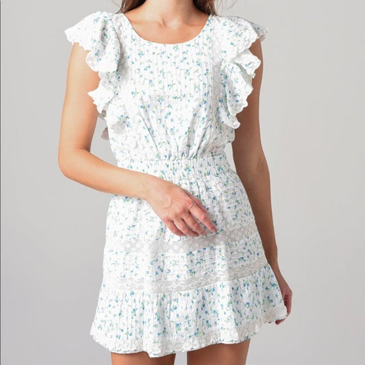 LoveShackFancy Roberta Floral Ruffle Lace Cotton Mini Dress Blue White Small