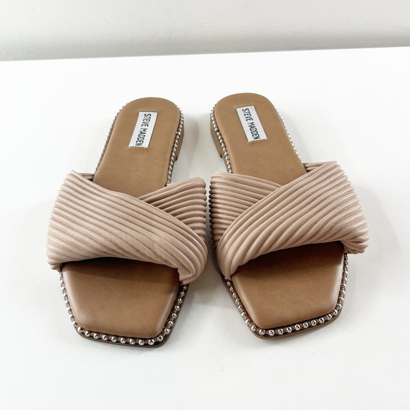Steve Madden Ravina Beaded Slip On Cross Strap Slide Sandals Tan 7.5