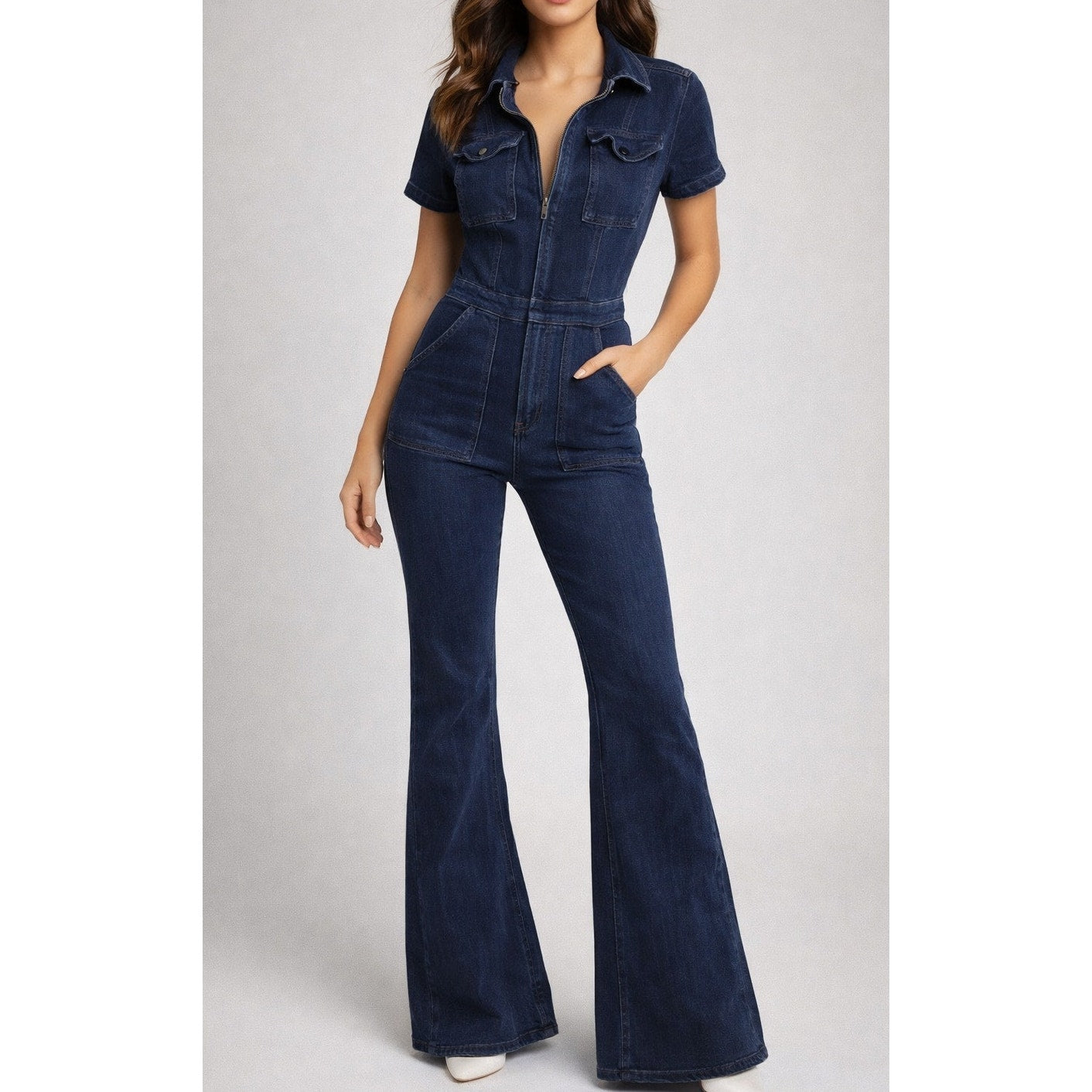 Bobbles & Lace Short Sleeve Utility Flare One Piece Denim Jumpsuit Blue Small