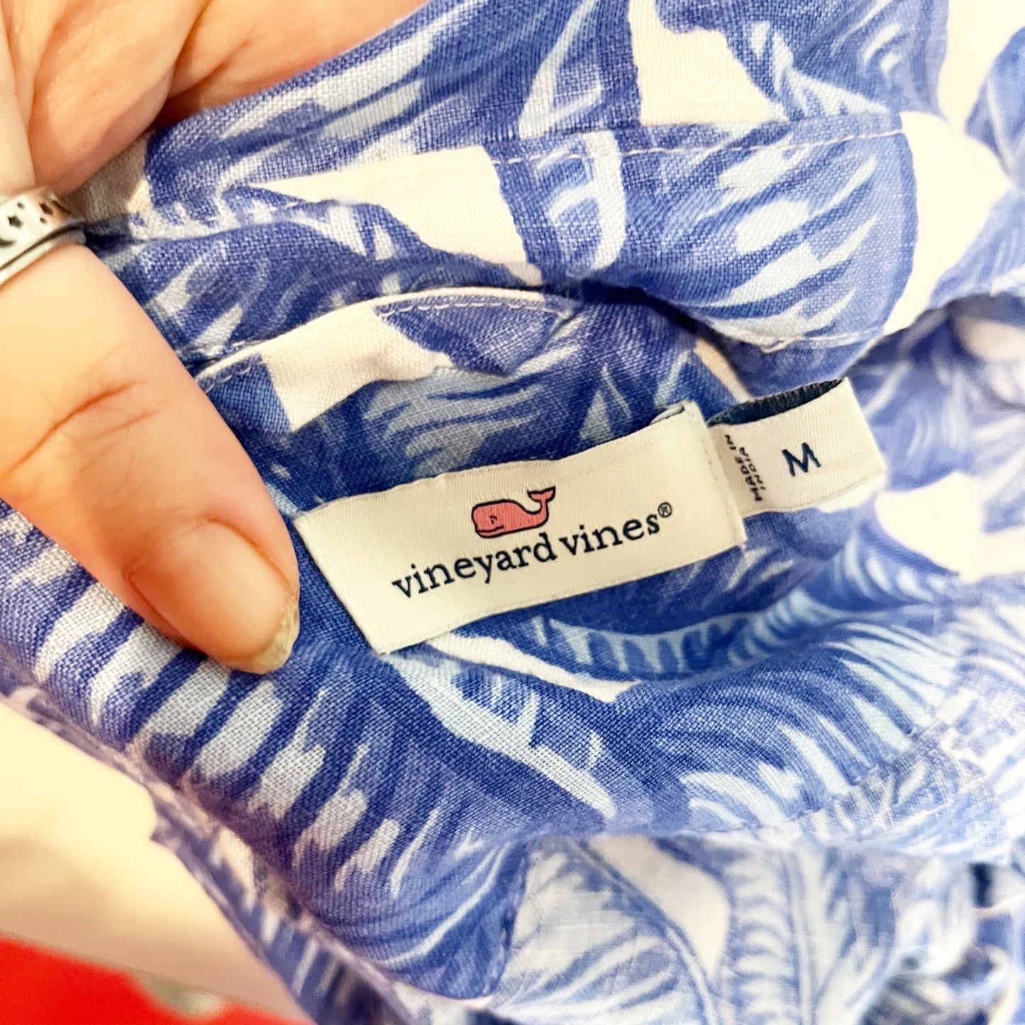 Vineyard Vines Long Sleeve Palm Tree Printed Linen Blouse Shirt Blue White Med