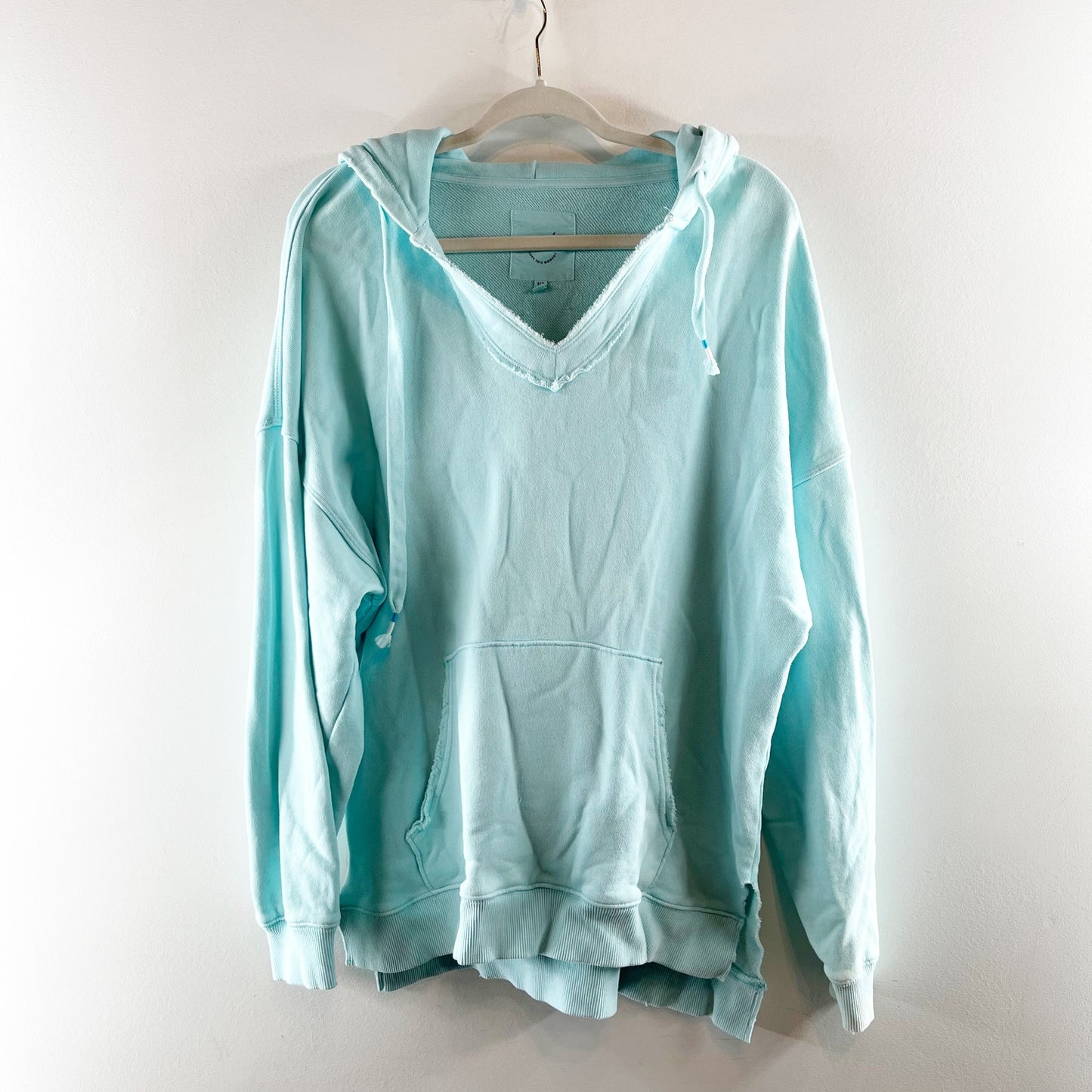 Aerie Barefoot Oversized V Neck Hoodie Sweatshirt Aqua Pastel Blue Small
