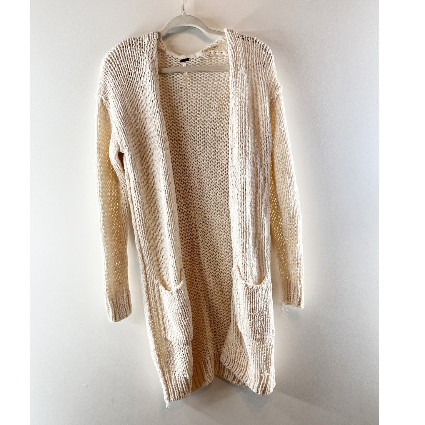 Free People Crochet Knit Open Cardigan Sweater Duster Cream Tan Small